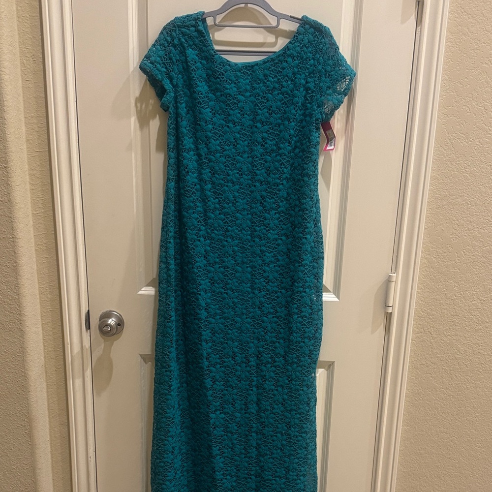 Teal Lace Short Sleeve Maxi Dress with side slits- Women's
